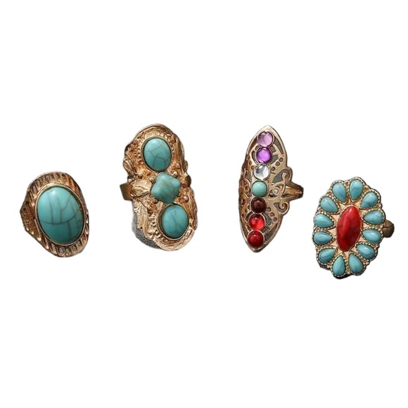 Boho Style Gold and Turquoise Stackable Ring Set - Picture 7 of 8
